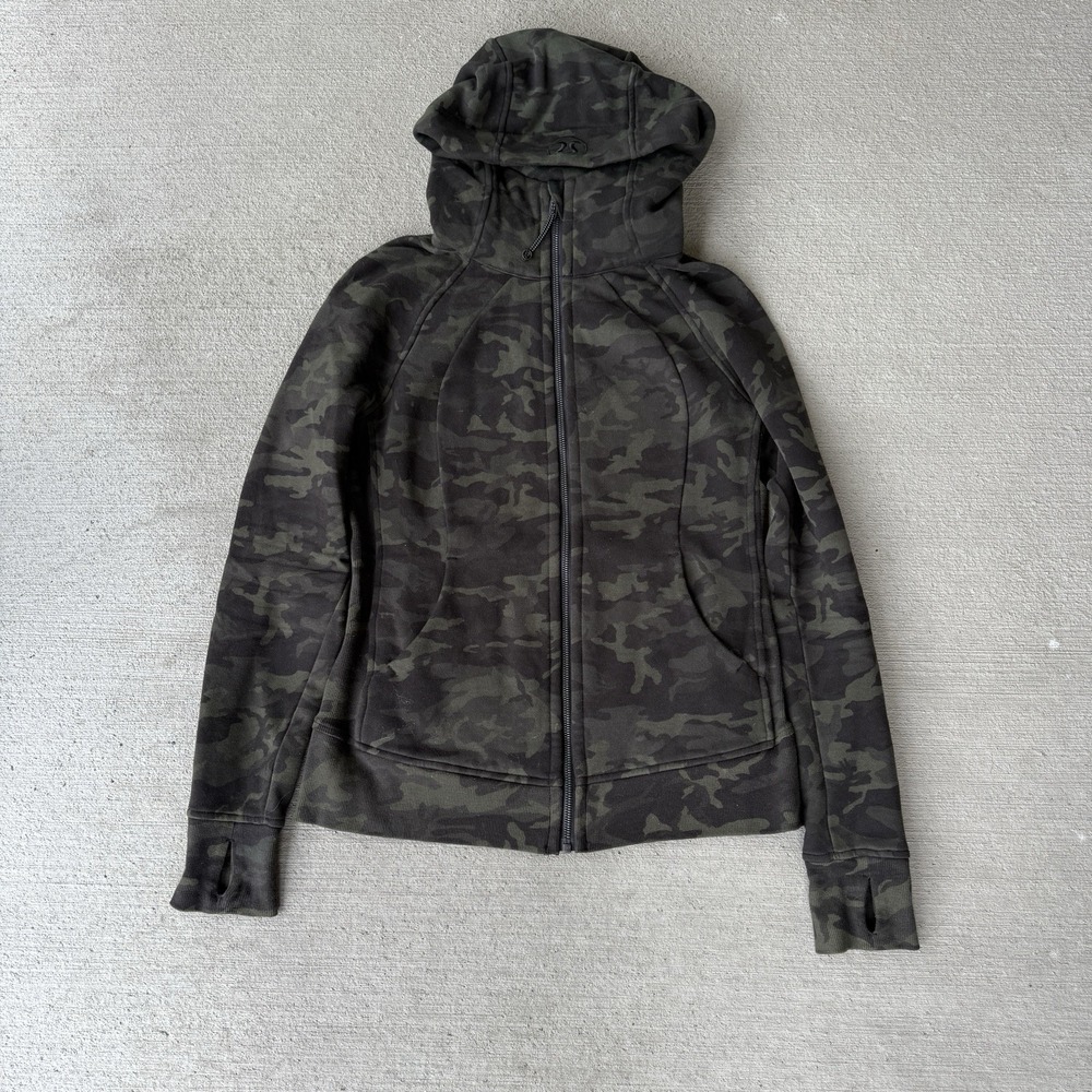 Lululemon Scuba Hoodie Full Zip Black Camo Size 8 Thick Cotton Fleece Thumbholes